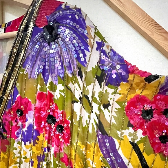 Vintage Judith Ann Creations Floral Silk Dress with Hand Sewn Sequins & Beading - Picture 4 of 13